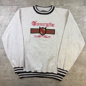 Vintage Wolf Georgia Bulldogs Sweatshirt Gray Embroidered Striped Trim Large